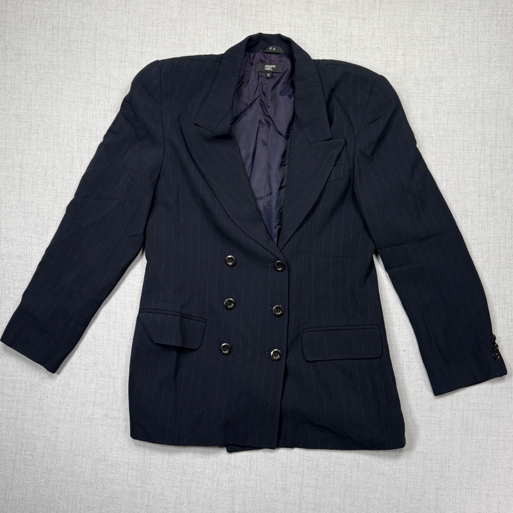 VTG Philippe Adec Blazer Double Breasted Pinstripe Navy Wool Blend Lined Size 12